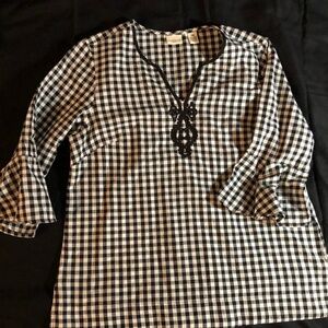Westbound black and white gingham tunic blouse with a V-neck and embroidery